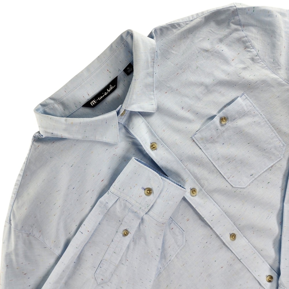 TravisMathew Button Down Shirt Mens‎ XL Light Blue Flecked Cotton Blend